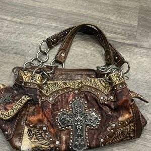 Brown and Gold Women's Handbag with Cross Design